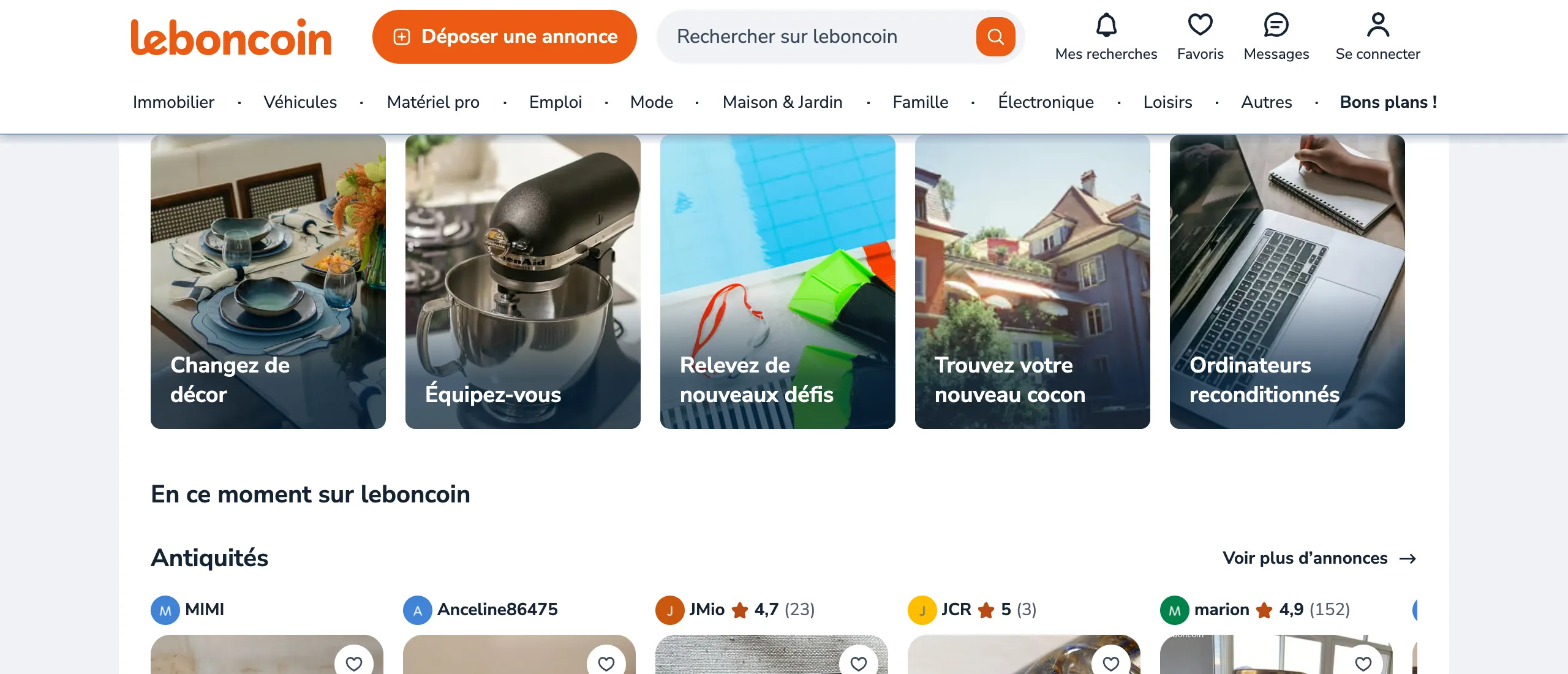 Leboncoin homepage, shown in French