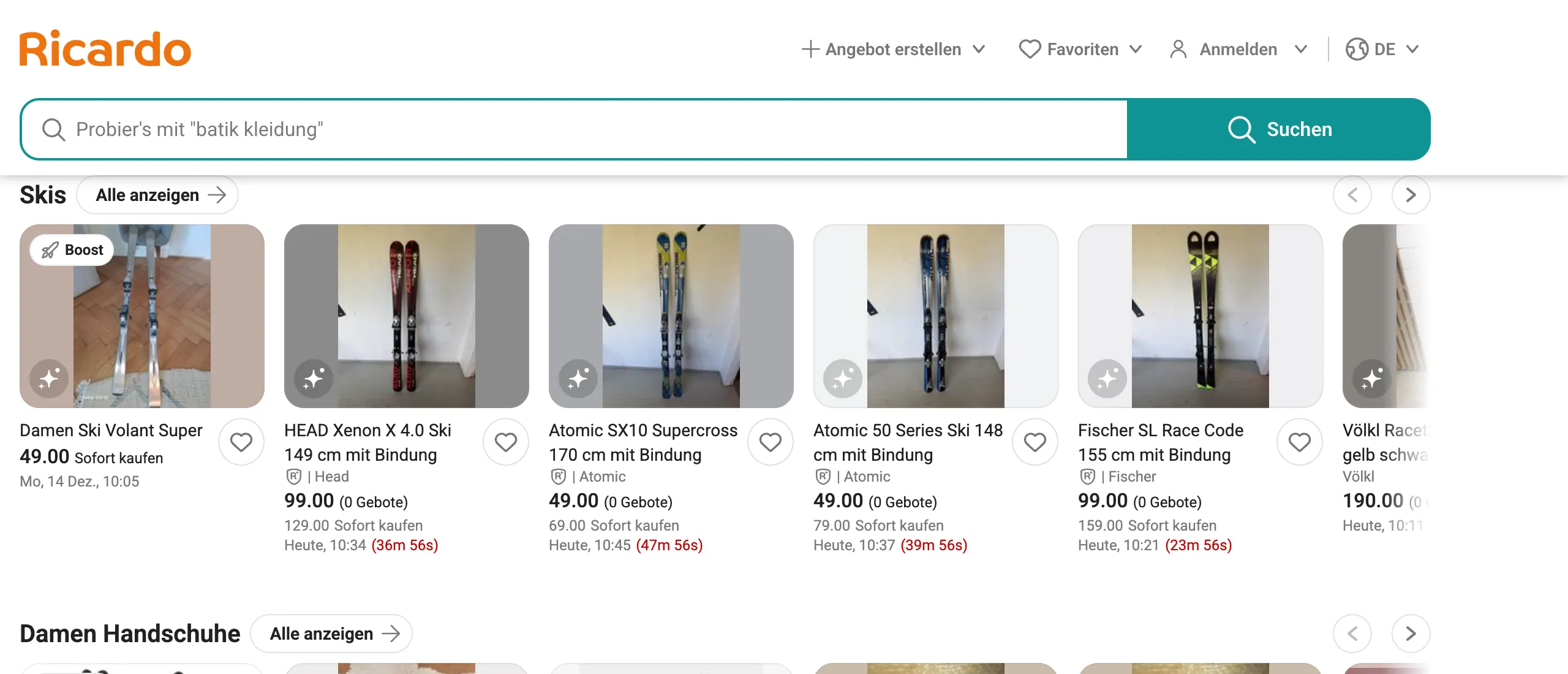 Ricardo.ch auction listings, shown in German