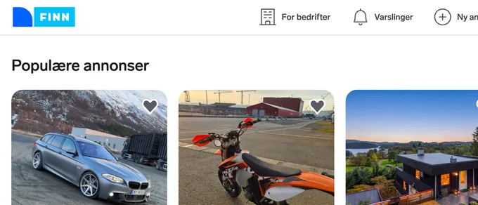 FINN.no listings, shown in Norwegian