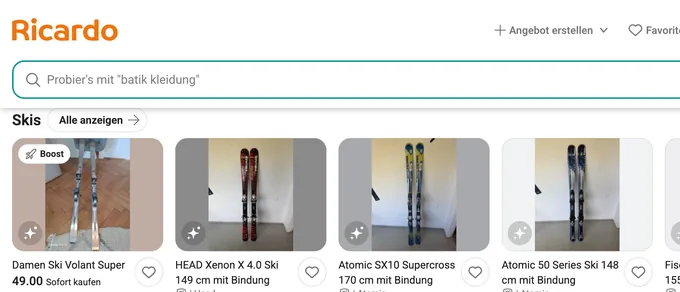 Ricardo.ch auction listings, shown in German