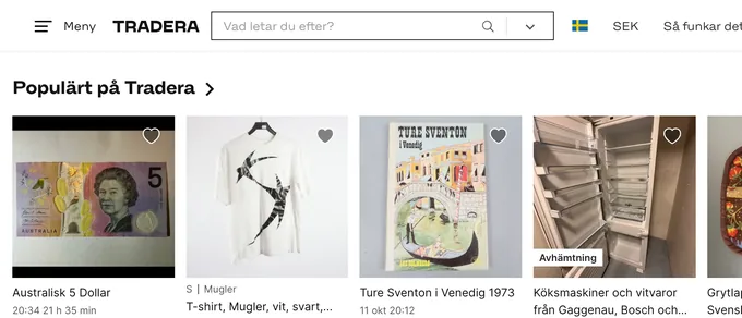 Tradera listings, shown in Swedish