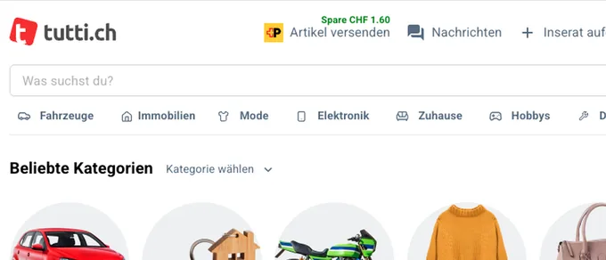 tutti.ch listings, shown in German