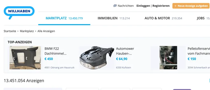 willhaben listings, shown in German