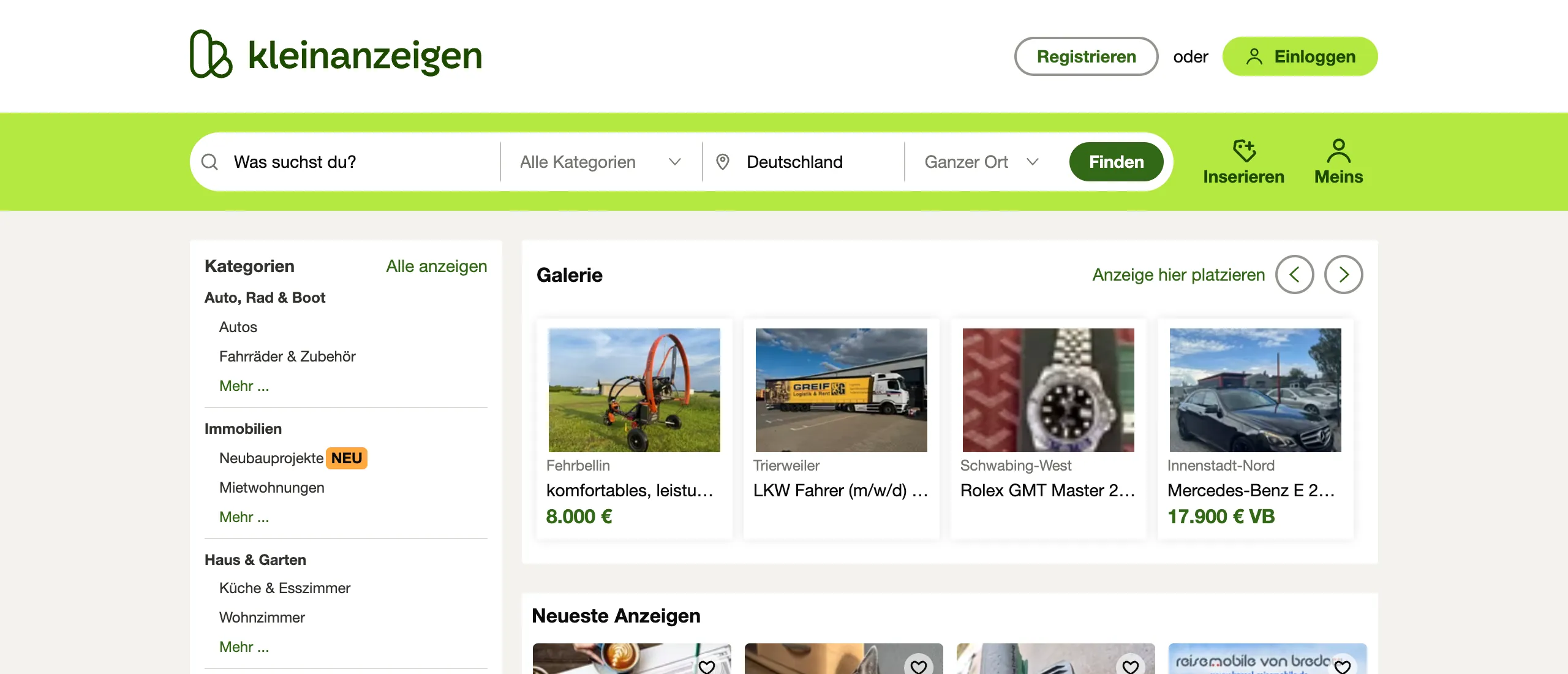 Kleinanzeigen homepage, shown in German
