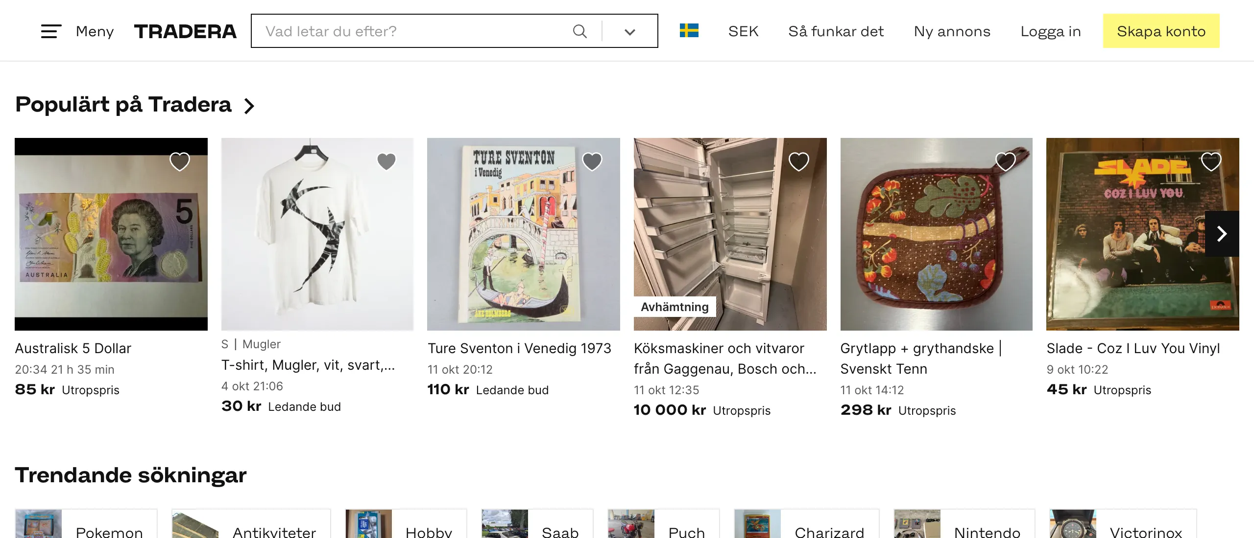Tradera listings, shown in Swedish