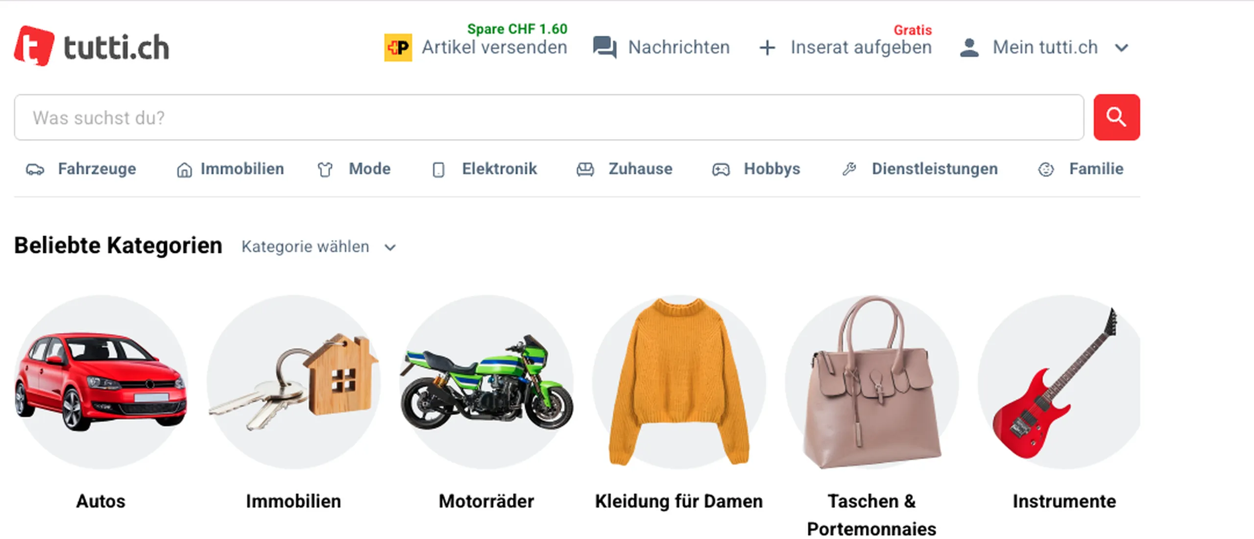 tutti.ch listings, shown in German