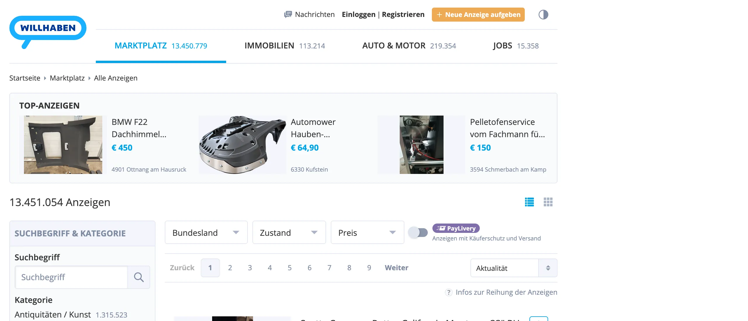 willhaben listings, shown in German