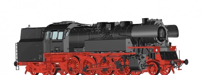 Brawa HO class 65.10 steam tank locomotive, black body with red wheels, side-on product photo