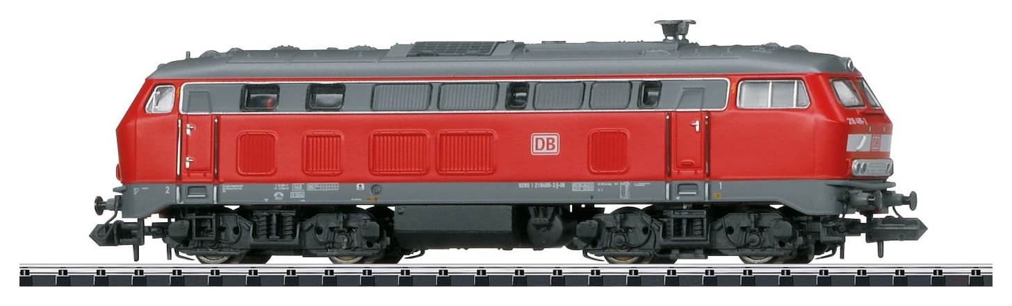 Minitrix N-scale class 218 diesel locomotive in red, side-on product photo