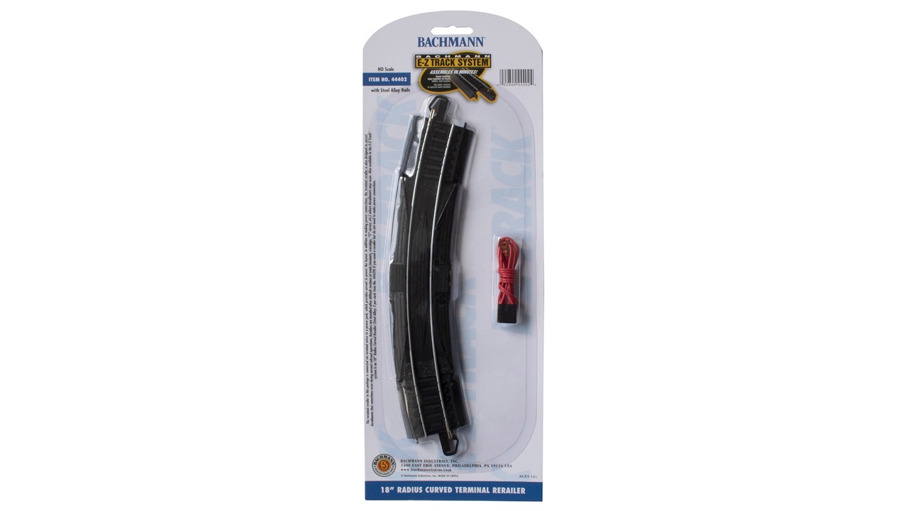 Package of a Bachmann E-Z Track 18-inch curved terminal rerailer with a small coil of red wire beside it