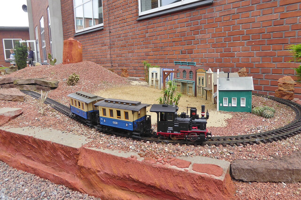An LGB train on the outdoor garden railway at the Danish Railway Museum