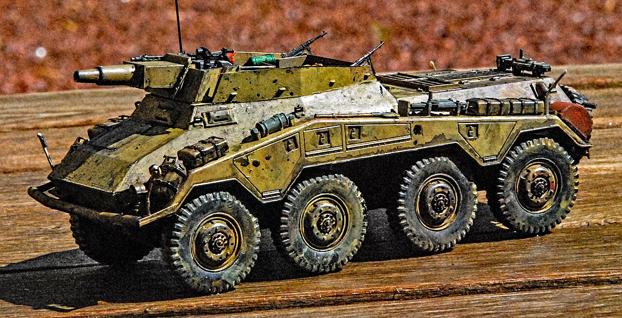 A model of an Sd.Kfz. 234/3 armored car built from an Italeri 1/35 kit